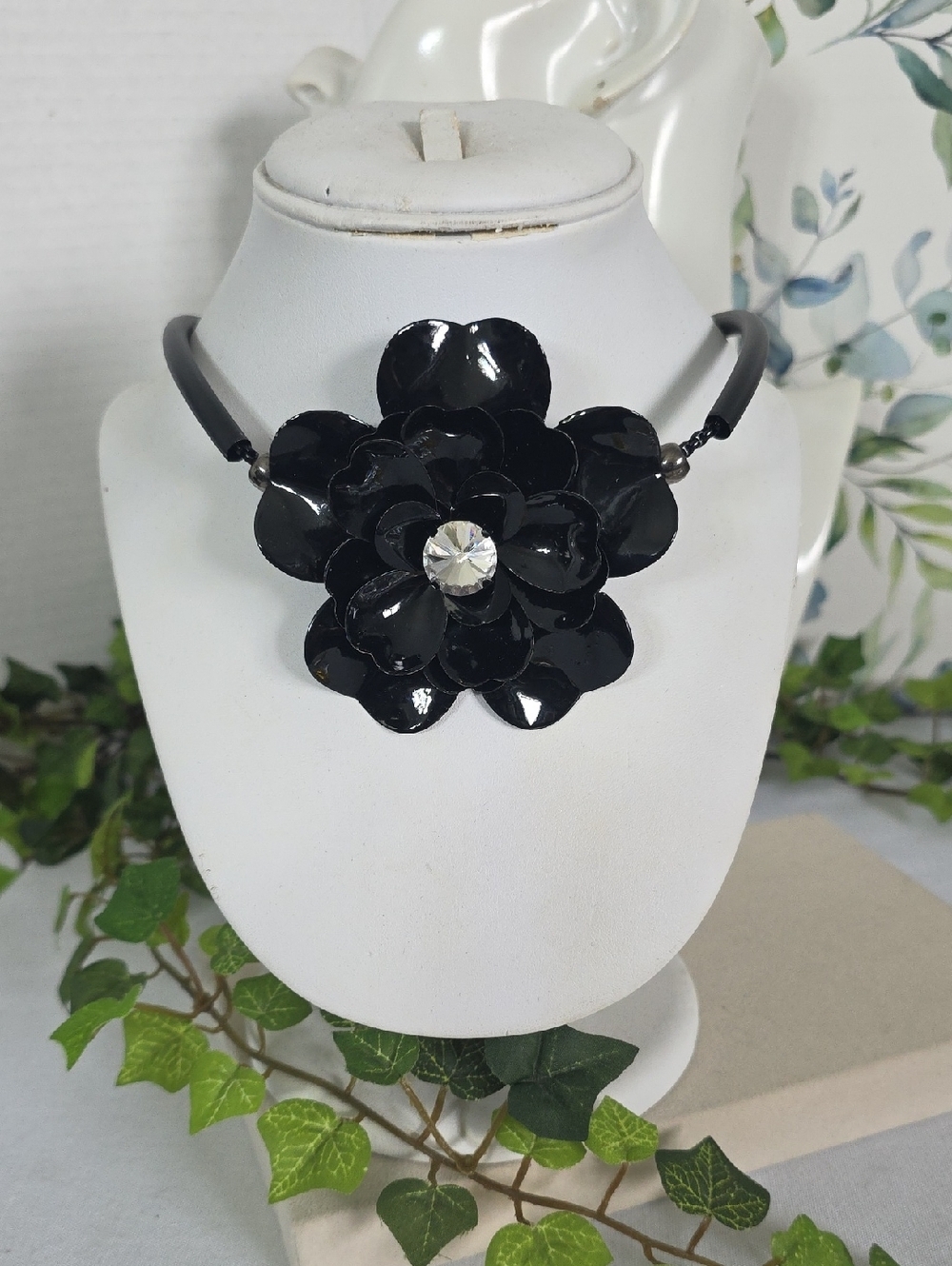 Black Enameled Metal Flower Statement Choker | Industrial Glam Rhinestone